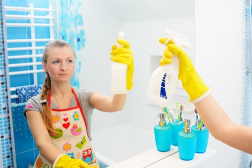 Carpet cleaning technician working safely with protective equipment