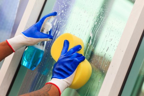 Cleaning team sanitising desks and shared spaces in Kensington office