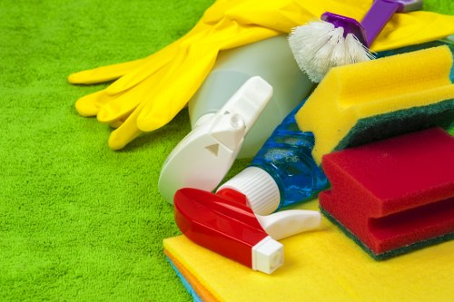 Carpet cleaning team checking equipment and room safety measures