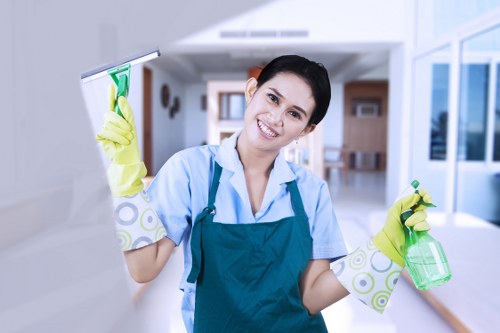 Professional carpet cleaning service working safely in a home